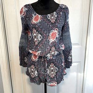 Wallflower Blue Print off Shoulder Crochet Romper